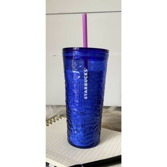 Starbucks 2021 Cobalt Blue~Wave Glass~18oz Tumbler with Pink Straw~HTF~NEW!!! - Picture 3 of 3